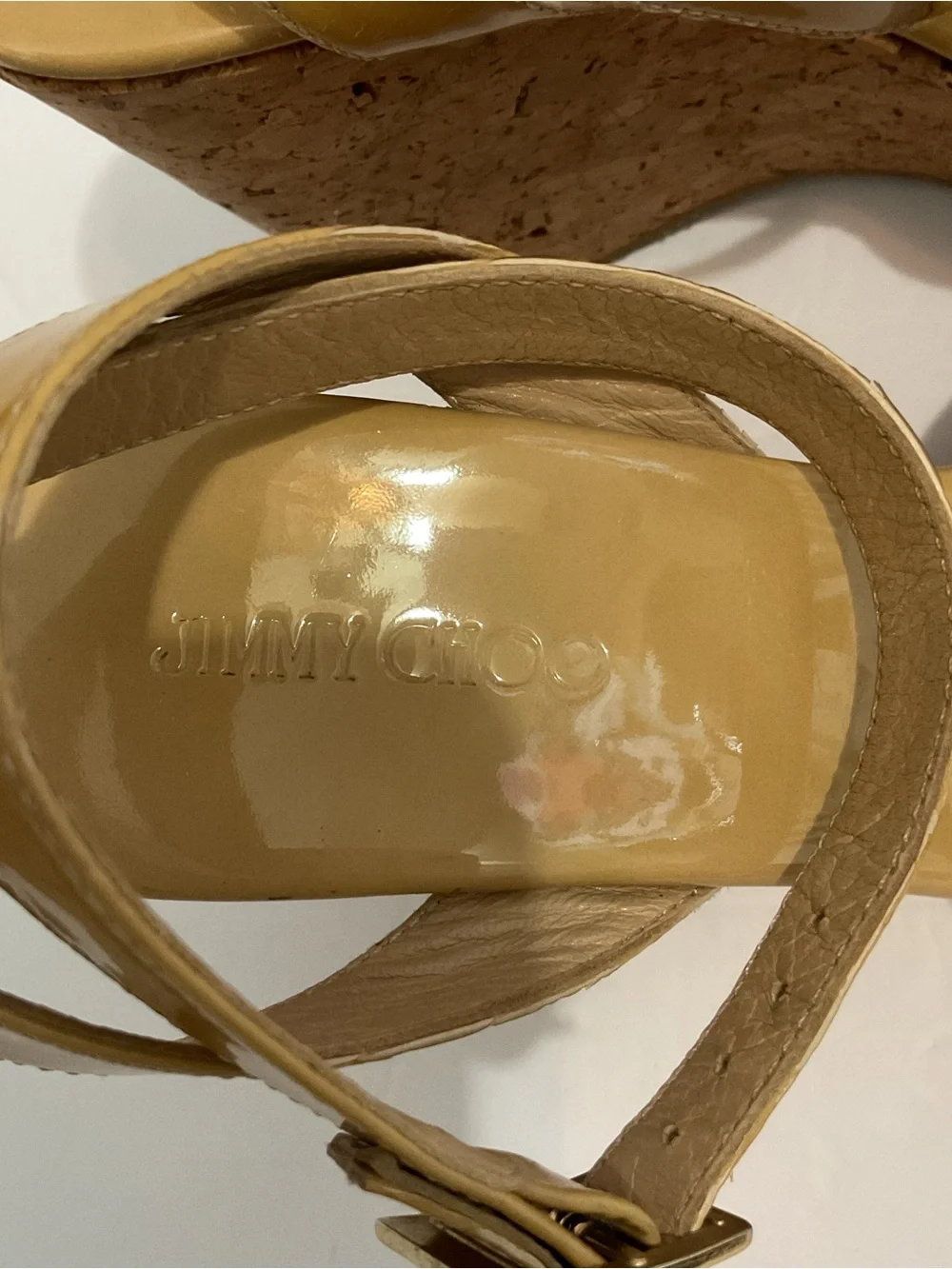 Jimmy Choo Beige Patent Leather Lucia Cross Strap Wedge Platform Sandals Sz 8/38